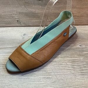 Cloud Caliber peep toe sling back brown and mint colored